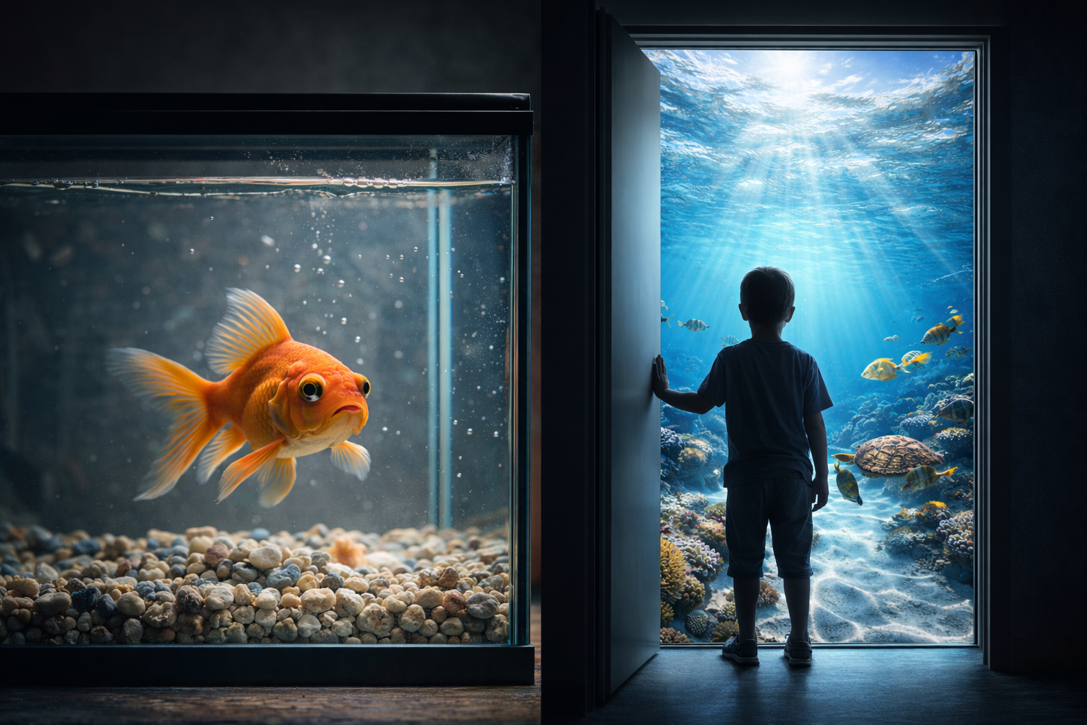 Kind steht vor einem großen Aquarium — jeder Fisch verdient es zu schwimmen